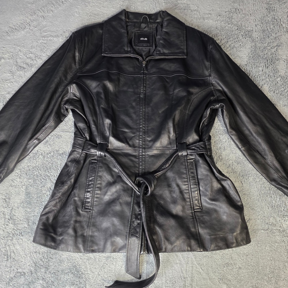 JLC New York Womens M Leather Jacket Black Belted Zip Up Collared Trench Moto